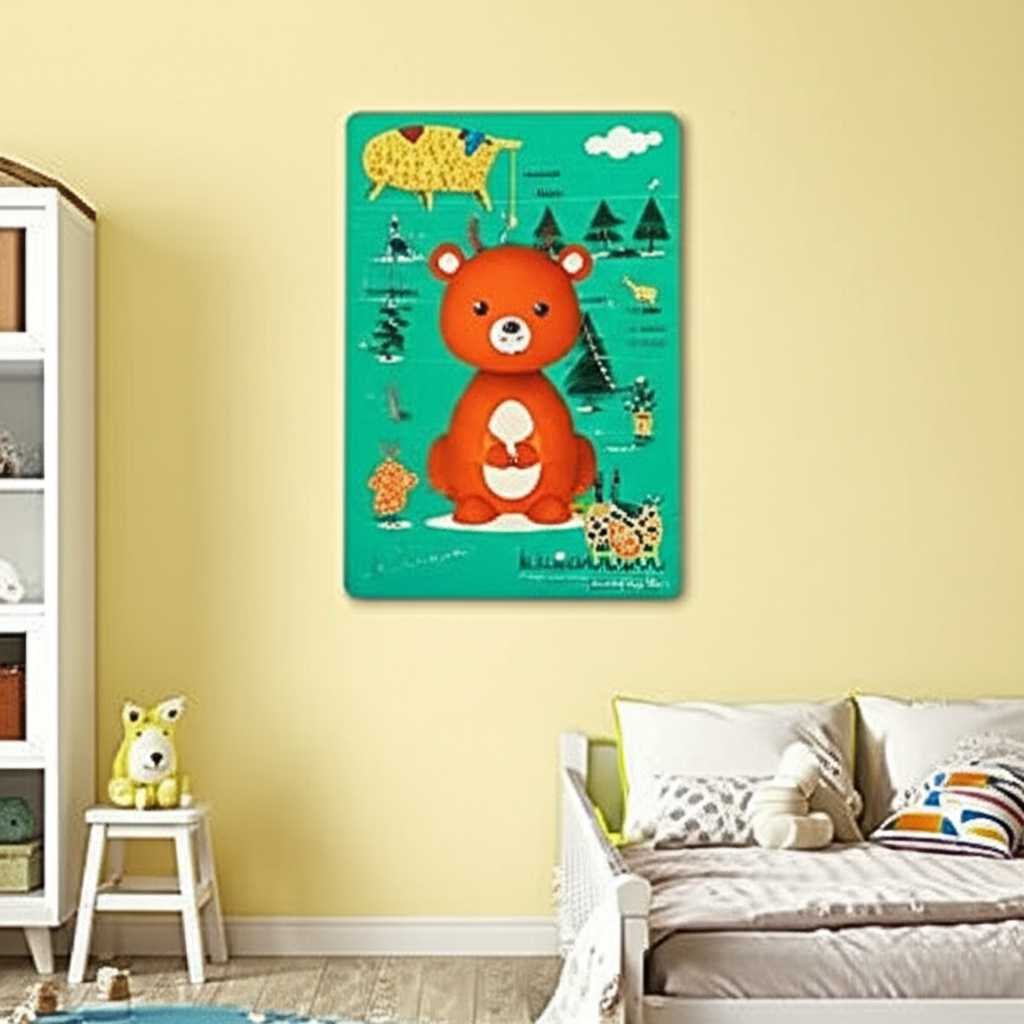 Brightly colored children's playroom with a whimsical animal illustration metal print securely mounted high on the wall