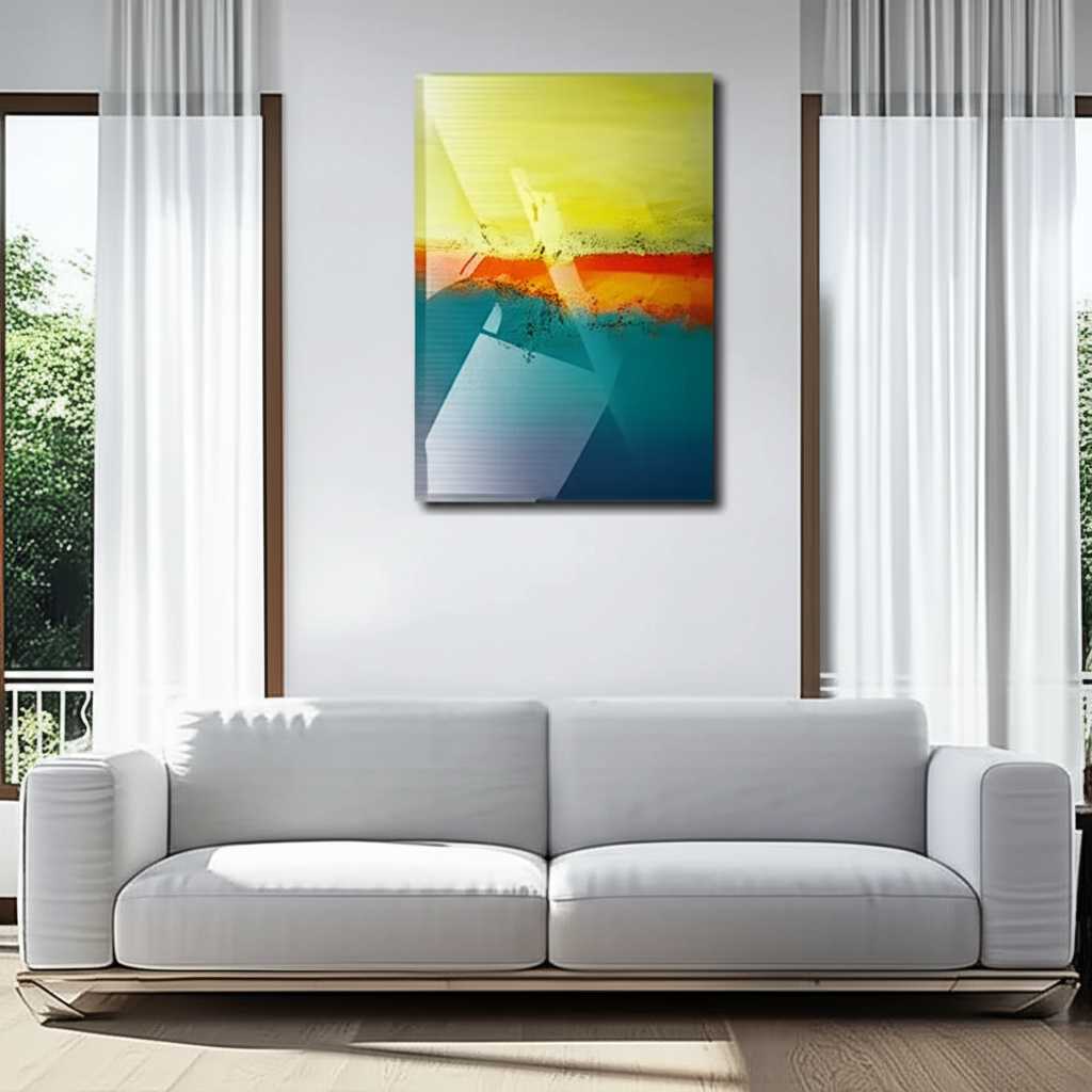 Stunning living room with a large, vibrant abstract metal print as a focal point above a modern sofa.