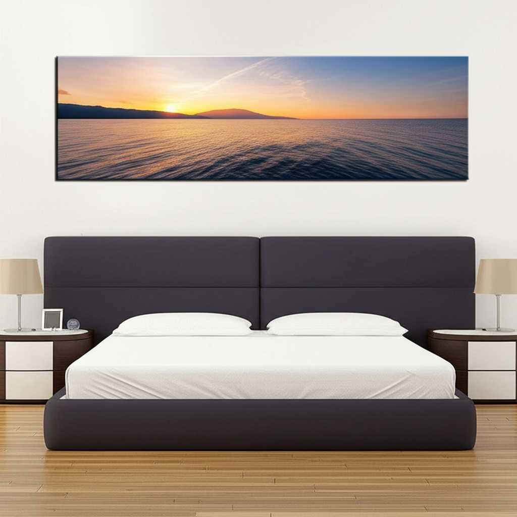 A stylish living room with a large metal art piece of a cityscape at night hanging above a sleek, modern sofa. There is a clear, visually pleasing 6-8 inch gap between the top of the sofa and the bottom of the art.