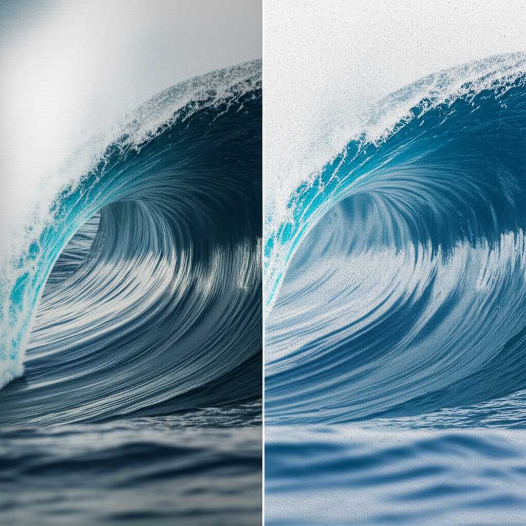 A conceptual image showing the difference between a metal print and a canvas print. Half the image shows a vibrant, glossy, detailed wave on metal; the other half shows the same wave on a softer, textured canvas.
