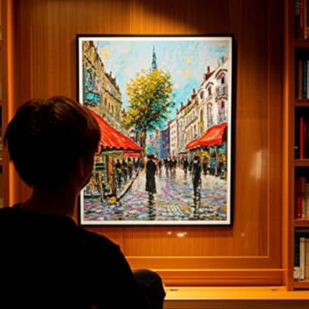 Warm, inviting study or library setting. An Impressionist-style art print on metal depicting a Parisian street scene is on the wall. A person (back view or silhouetted) is thoughtfully observing it, perhaps with an art book nearby. Focus on the atmosphere of learning and appreciation.