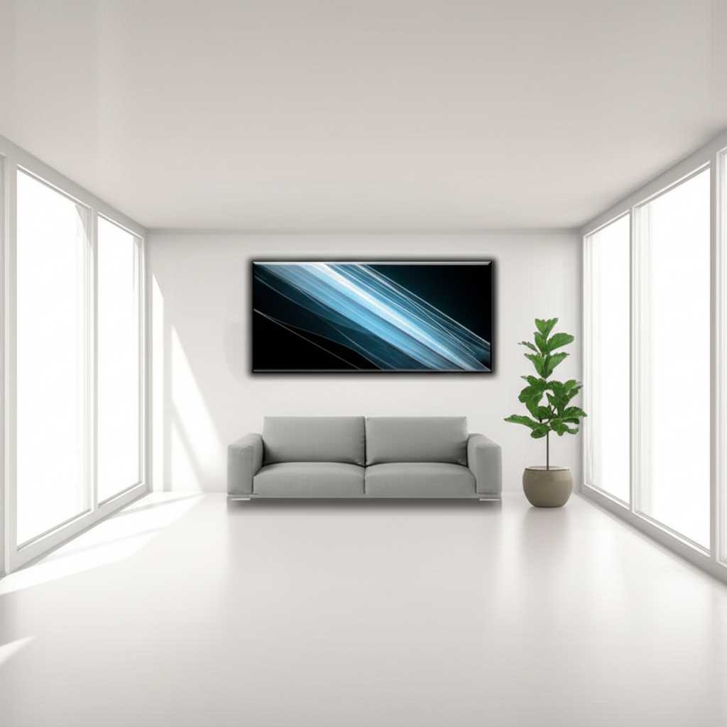 A serene, minimalist living room with soft, neutral tones and ample natural light. A large, singular abstract metal art piece hangs above a sleek, low-profile sofa. The art features simple lines and a subtle texture, acting as a tranquil focal point.