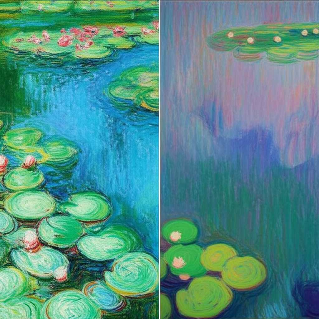 Split image: detail of an Impressionist painting (e.g., Monet's water lilies) on canvas vs. conceptual representation of same colors/light on glossy, textured metal.