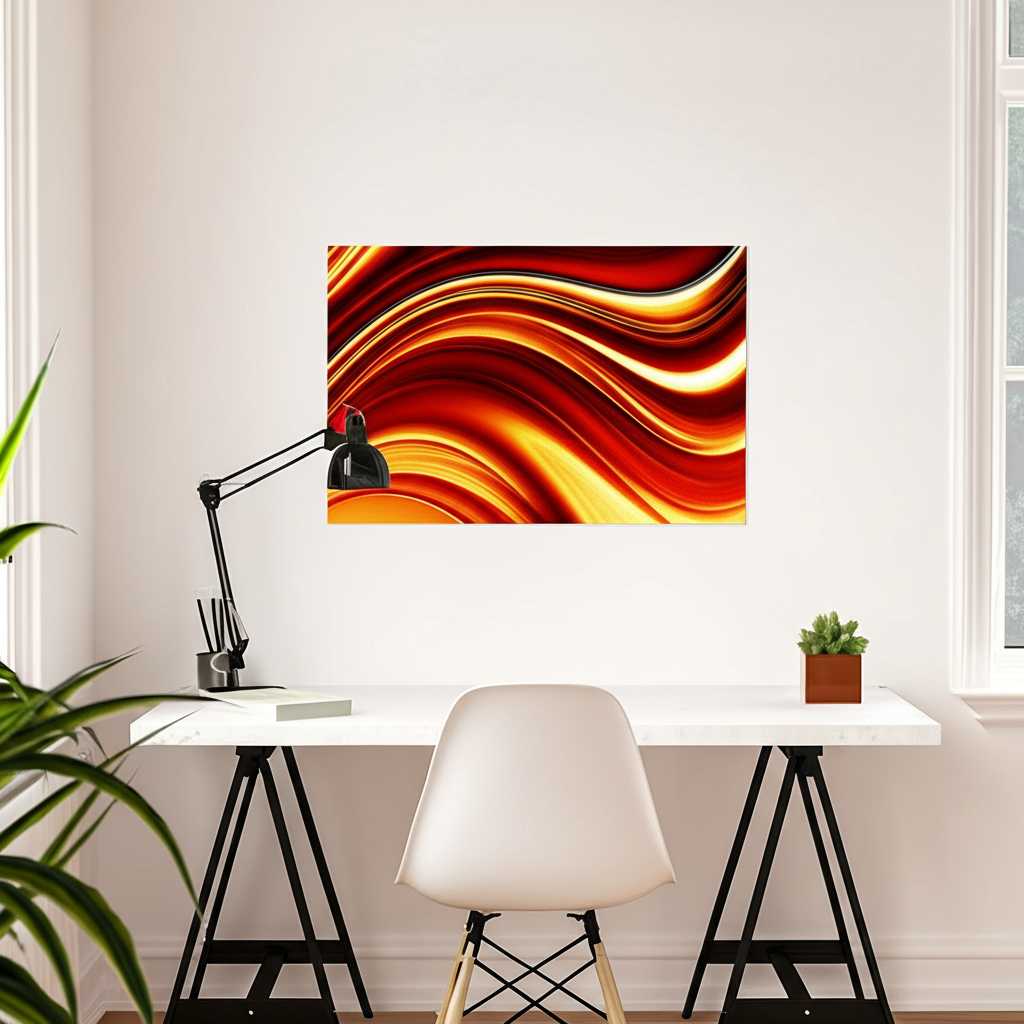 A vibrant abstract metal art piece dominated by shades of red, orange, and yellow, hanging in a bright, modern kitchen. The art's glossy surface reflects the morning light, making the colors look incredibly rich and energizing.