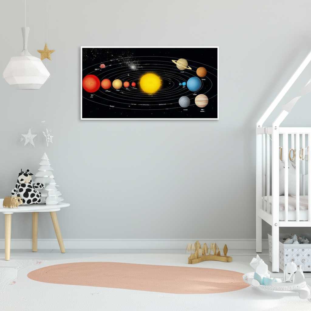 A child's room with a colorful, educational metal print of the solar system safely hung on the wall, out of reach.