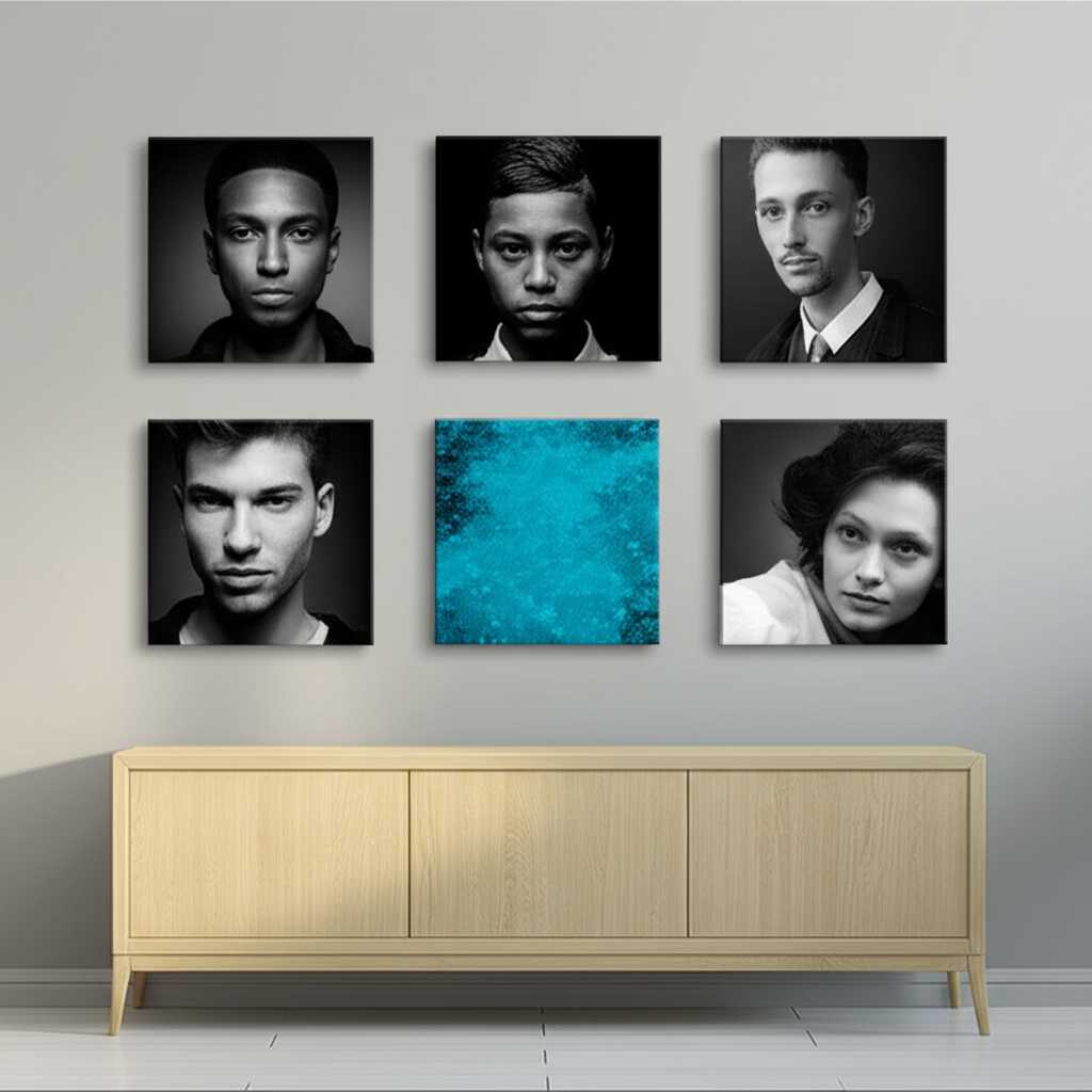 A minimalist room where a gallery wall of black-and-white photos is punctuated by a single, vibrant abstract print.