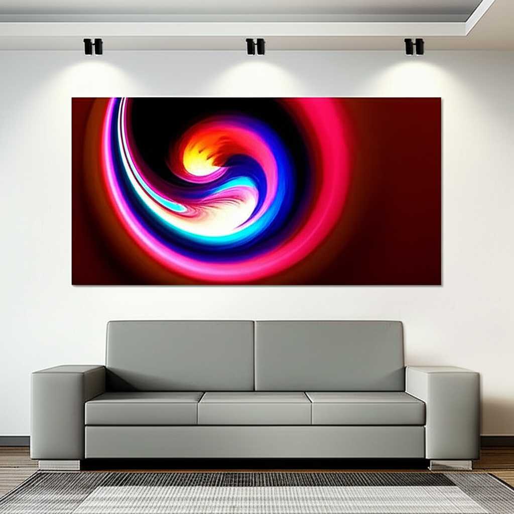 A large, vibrant abstract metal art piece hanging above a sleek, modern sofa, illuminated by two minimalist track lights.