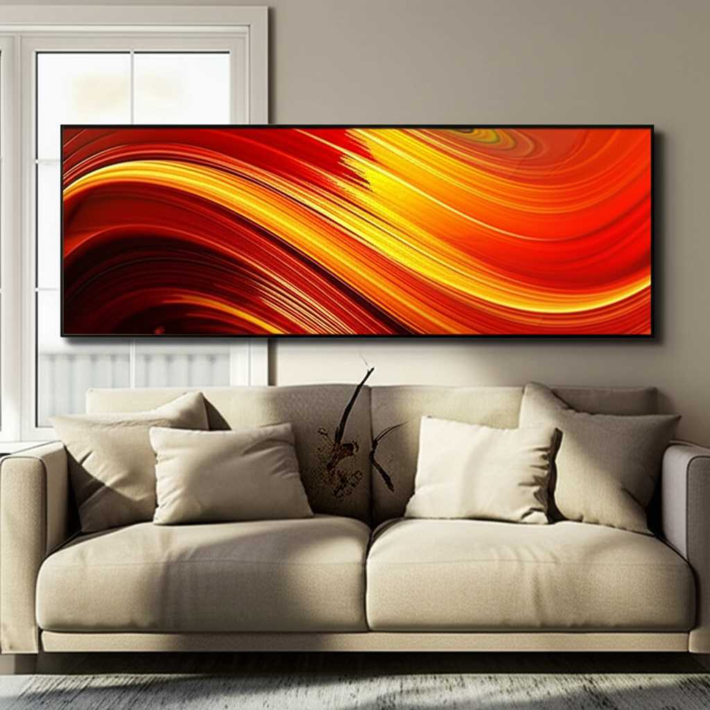 A cozy living room with a large metal art piece featuring abstract swirls of red, orange, and gold above a modern sofa.