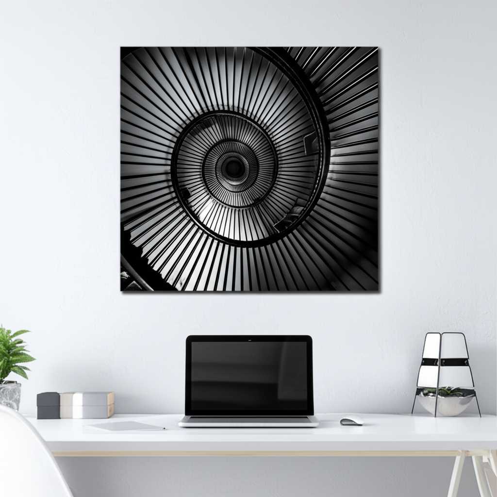 A modern home office with a striking black-and-white architectural photograph on a glossy metal print behind the desk.