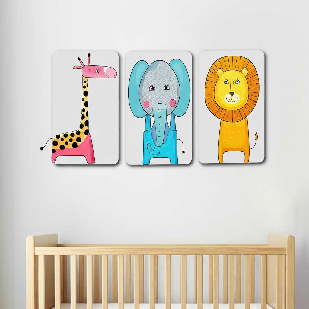 A bright and playful child's room. High on the wall, safely out of reach, is a vibrant metal print of the solar system with colorful planets and stars. The room is tidy, and the art serves as a beautiful, educational focal point.