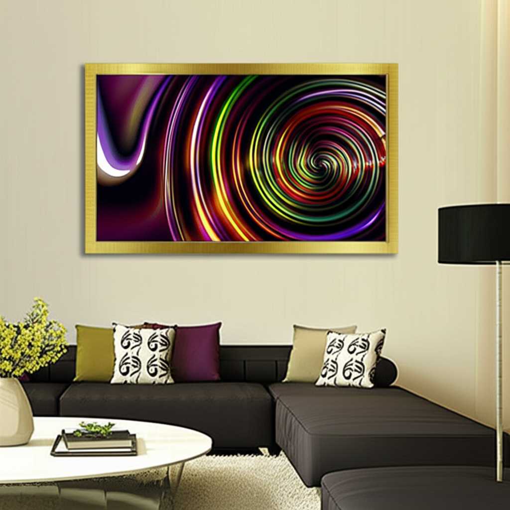 Abstract swirls of color merging with a sleek metal art panel in a modern living room
