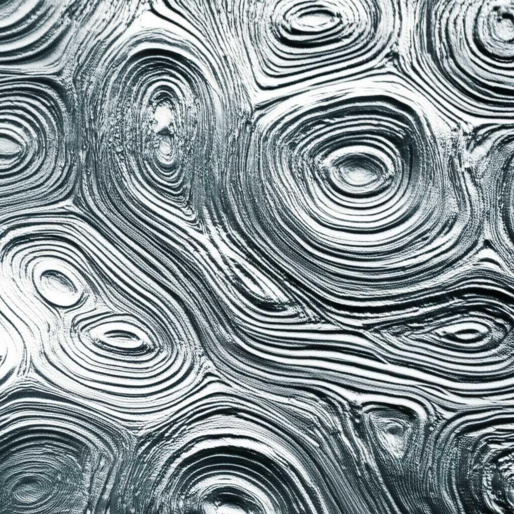 Stylized close-up of a generic metal surface with visible, intricate UV-printed texture, showing how light catches on the raised and recessed areas, creating depth. No specific artwork visible, just texture and light play.