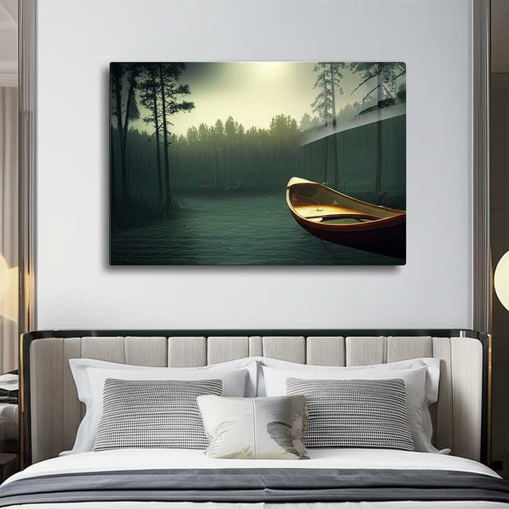 Serene bedroom with a calming nature scene metal print (misty forest) above the headboard, with a subtly glossy finish
