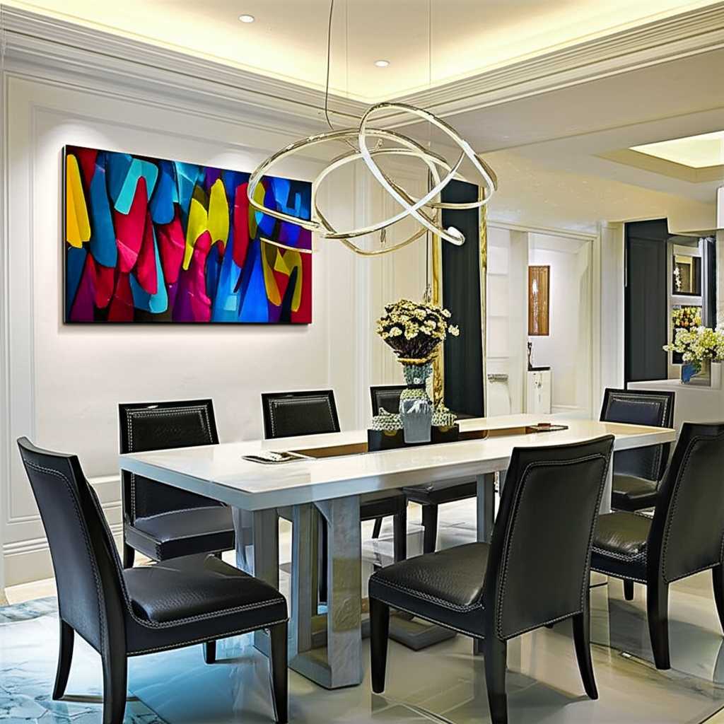 Modern dining room with a vibrant abstract metal art piece creating a sophisticated ambiance