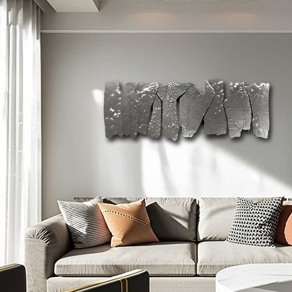 A stylish living room with metal art hung at perfect eye level above a modern sofa.