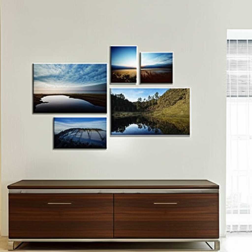 A beautifully curated gallery wall in a dining room, featuring several generic metal prints of varying sizes (nature photography and abstract designs) arranged harmoniously above a sideboard.