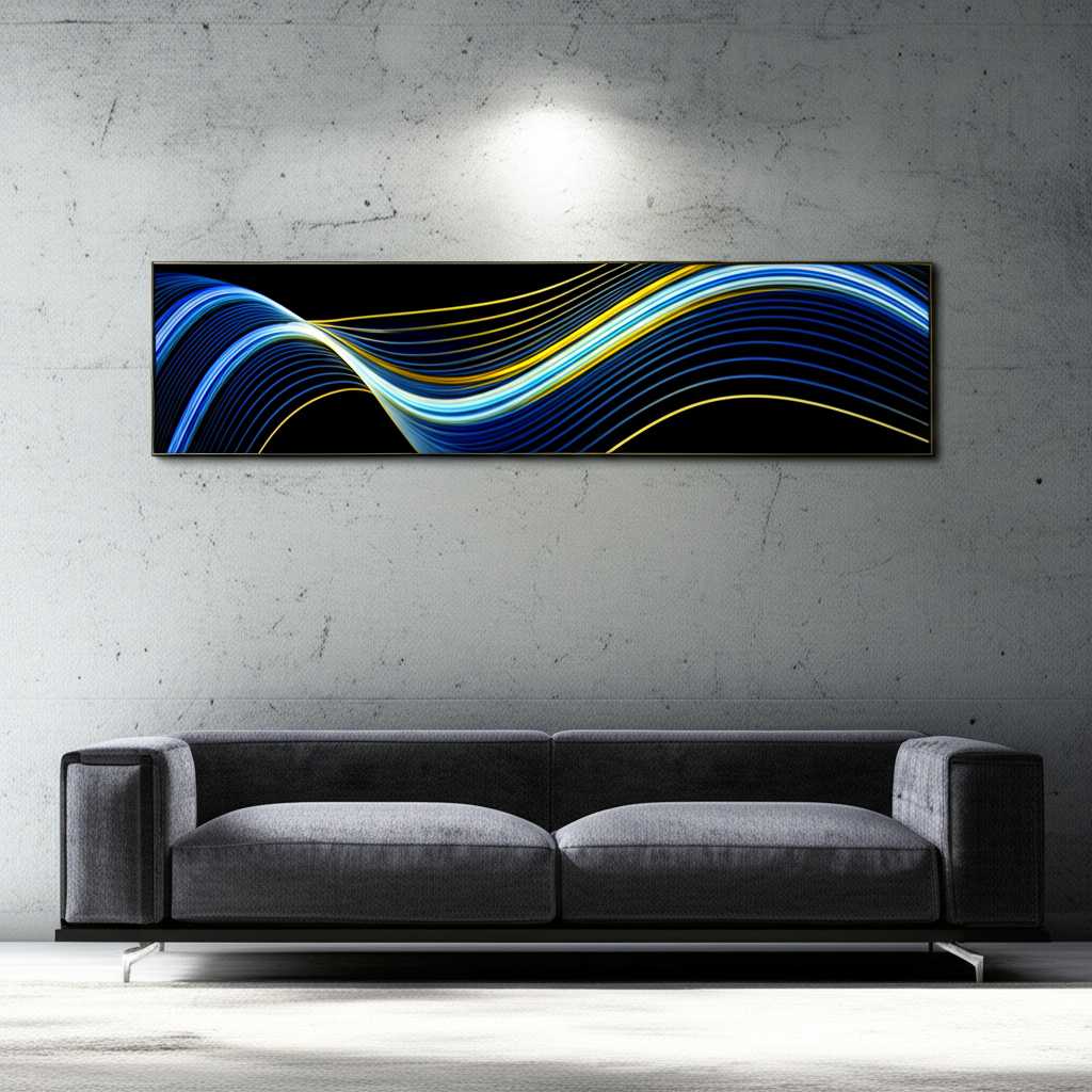 A large, vibrant abstract metal art piece hanging above a sleek, low-profile sofa in a modern living room. The art has a glossy, reflective surface that catches the soft, ambient light, making the colors appear incredibly deep and luminous.