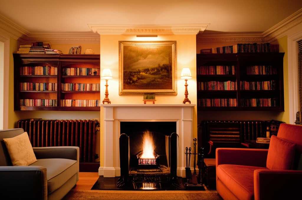 A warmly lit, cozy living room with a traditional sofa, bookshelves, and a large, classic landscape painting on canvas prominently displayed above the mantelpiece.