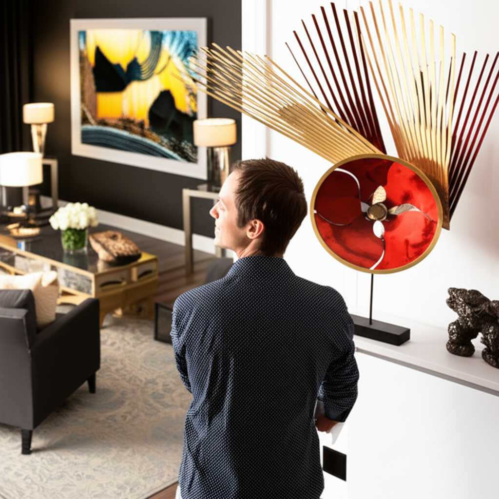 Person joyfully admiring a generic metal art piece in a beautifully decorated home