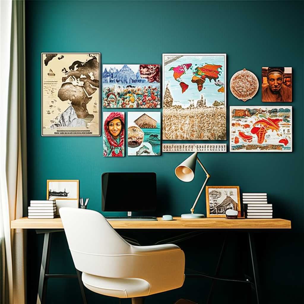 A gallery wall in a home office featuring metal prints all tied to the theme of world travel and exploration.