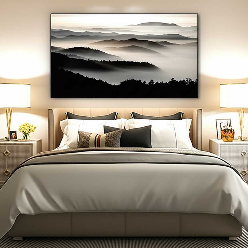 A tranquil and stylish master bedroom with a large, serene nature-themed metal print (e.g., misty forest or calm ocean) above the headboard. The room has soft, layered bedding and minimalist nightstands.