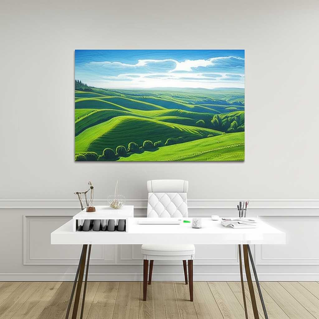 A contemporary home office with an inspiring Impressionist landscape on metal behind the desk.