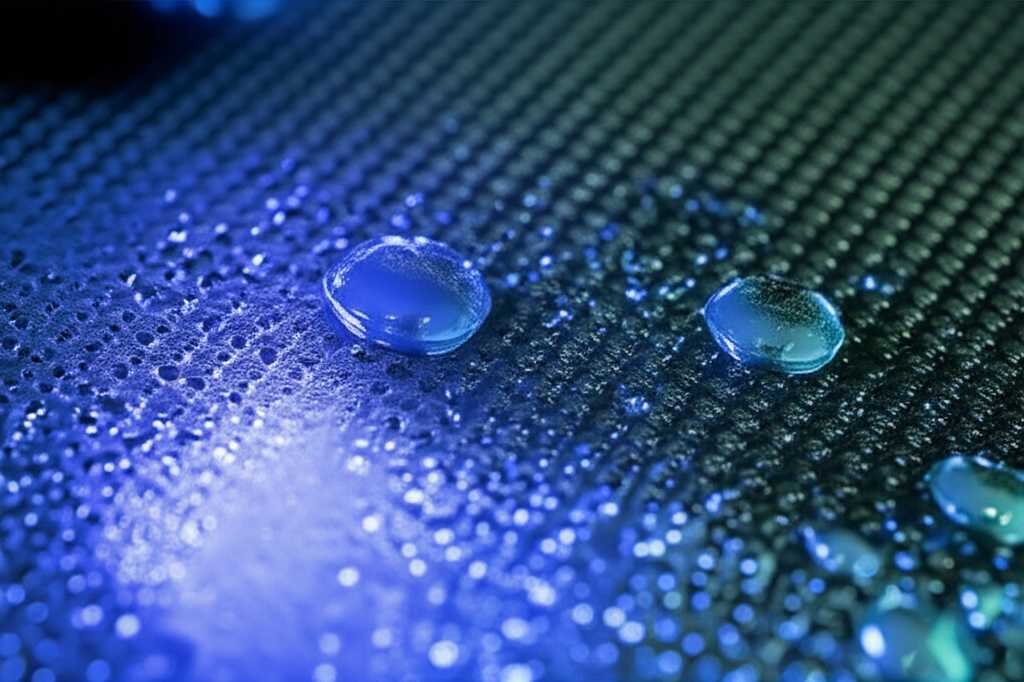 Abstract representation of UV light curing ink on a metallic surface, creating texture.
