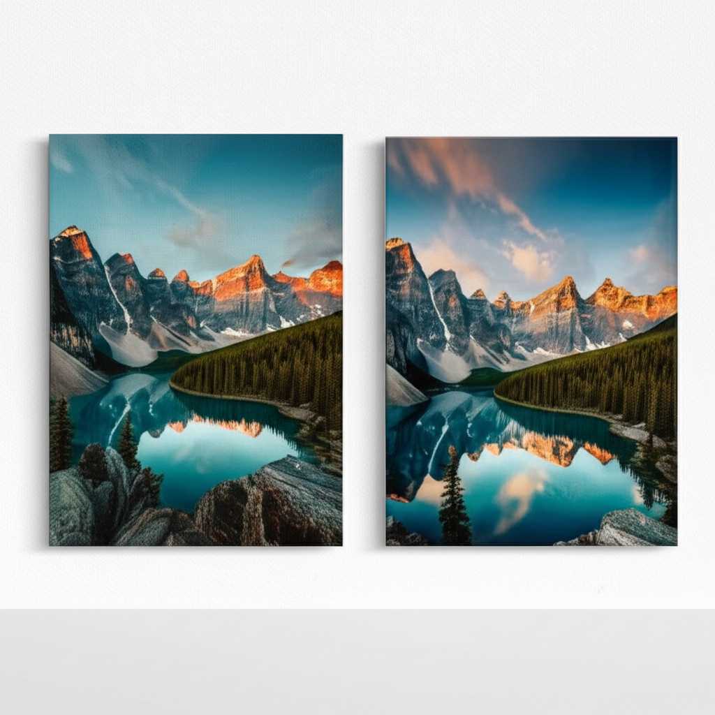 Side-by-side comparison of a landscape on canvas and on a metal print.