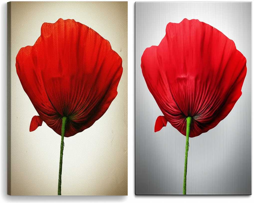 A split-screen style image. The left side shows a soft-focus canvas print of a flower, while the right side shows the same flower on a metal print with stunning color vibrancy and a glossy sheen.