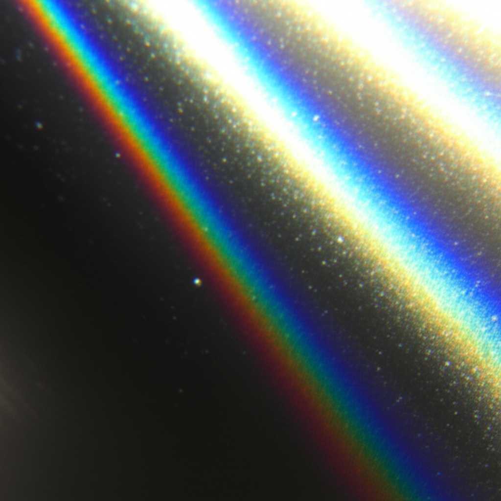An abstract close-up of light refracting off a sleek, textured metallic surface, suggesting vibrancy and depth.