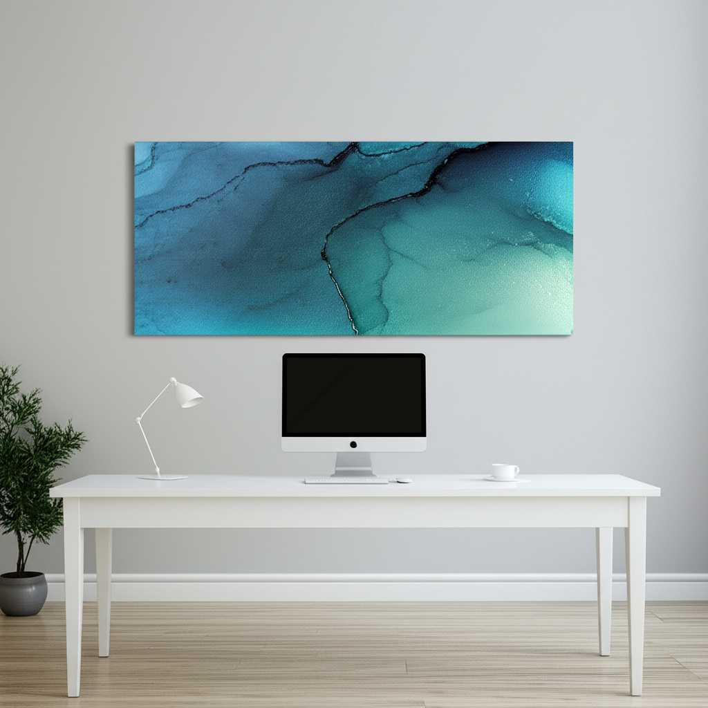 A room showcasing masterful use of color theory, with a large, cool-toned blue and green abstract metal art piece that complements the room's neutral furniture and creates a calming atmosphere.