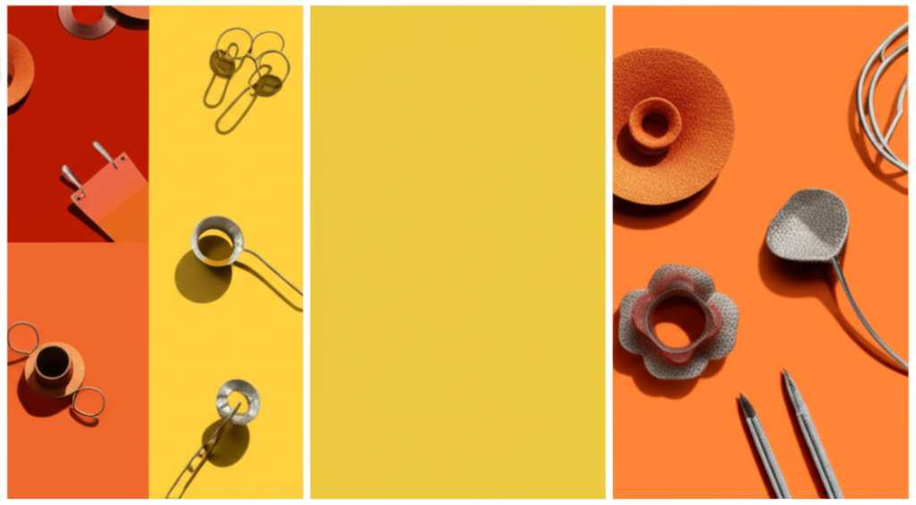 A triptych mood board with sections for warm, cool, and neutral colors, each with abstract metal art swatches and descriptive words.