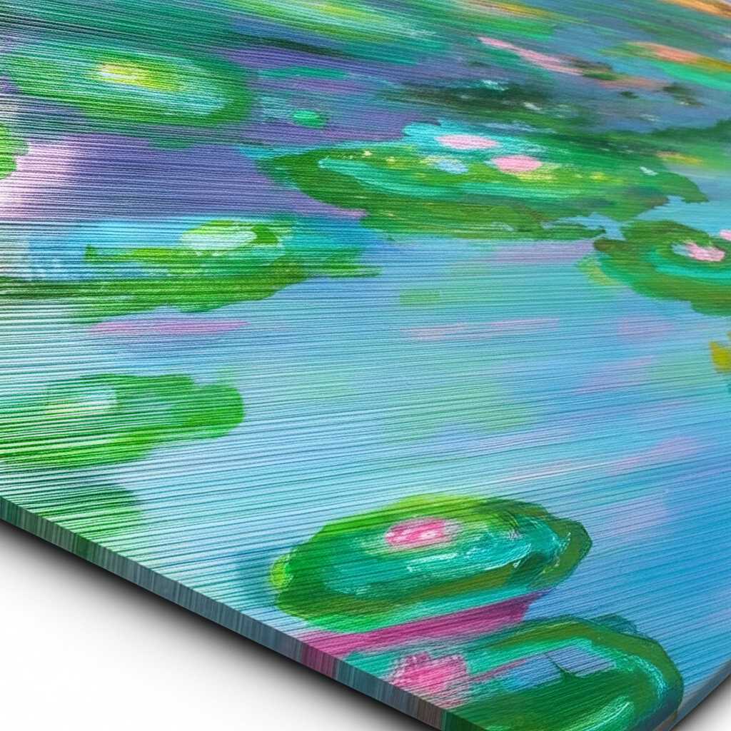 A close-up view of a metal print showcasing a classic art style, like Impressionism, where the textured surface enhances the light and brushstrokes.