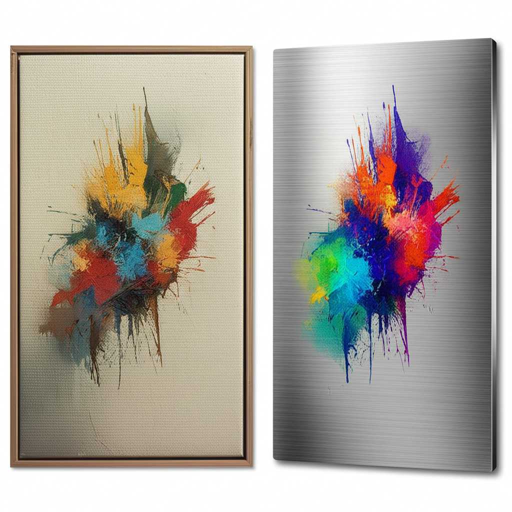 Split image: abstract art on canvas vs metal