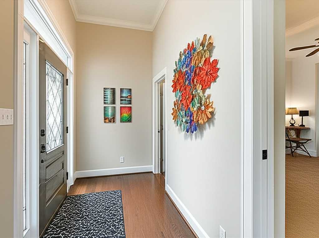A bright and welcoming entryway featuring a striking metal art piece or a small gallery of metal prints that immediately catches the eye.