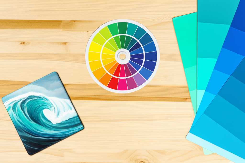 An artistic flat-lay composition showing a color wheel, paint swatches in an analogous blue-green scheme, and a small, abstract metal print that incorporates those colors.