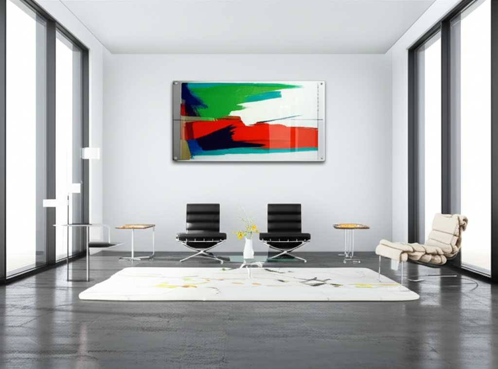 A sleek, modern minimalist living room with large windows, designer furniture, and a stunning, vibrant abstract metal print as the focal point on a clean white wall.
