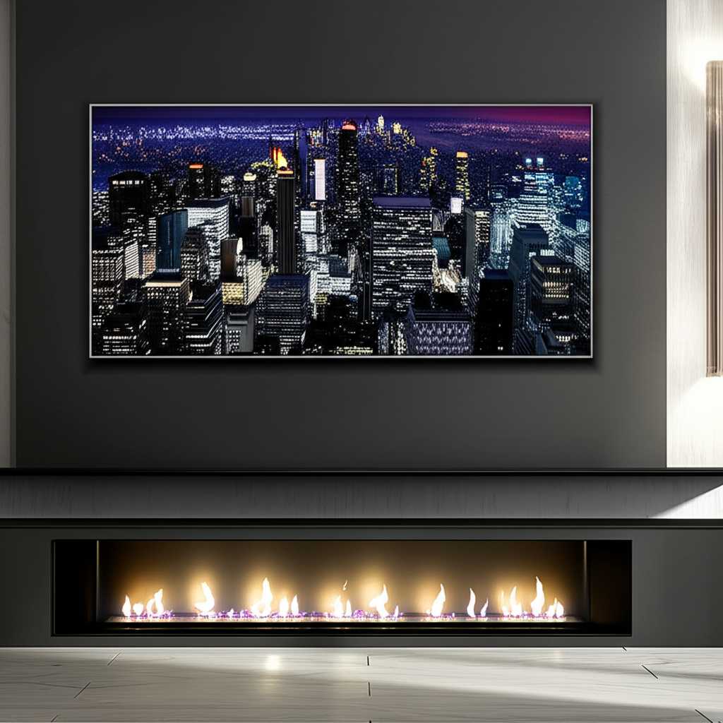 A large, dramatic metal print of a cityscape at night hanging above a modern fireplace, serving as the room's stunning focal point.