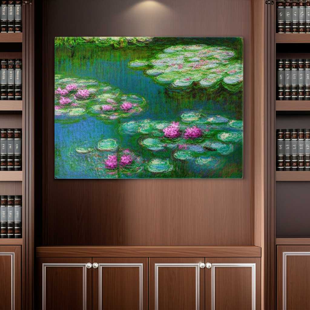 An Impressionist-style painting of a water lily pond displayed on a metal print in a well-lit study.