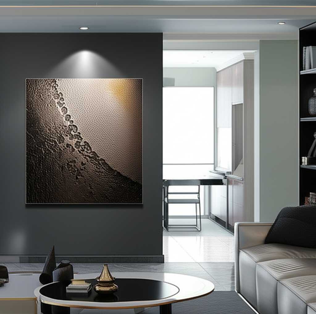 A dramatic living room where a single large metal art print is illuminated by a directional spotlight, creating shimmering highlights across its surface.