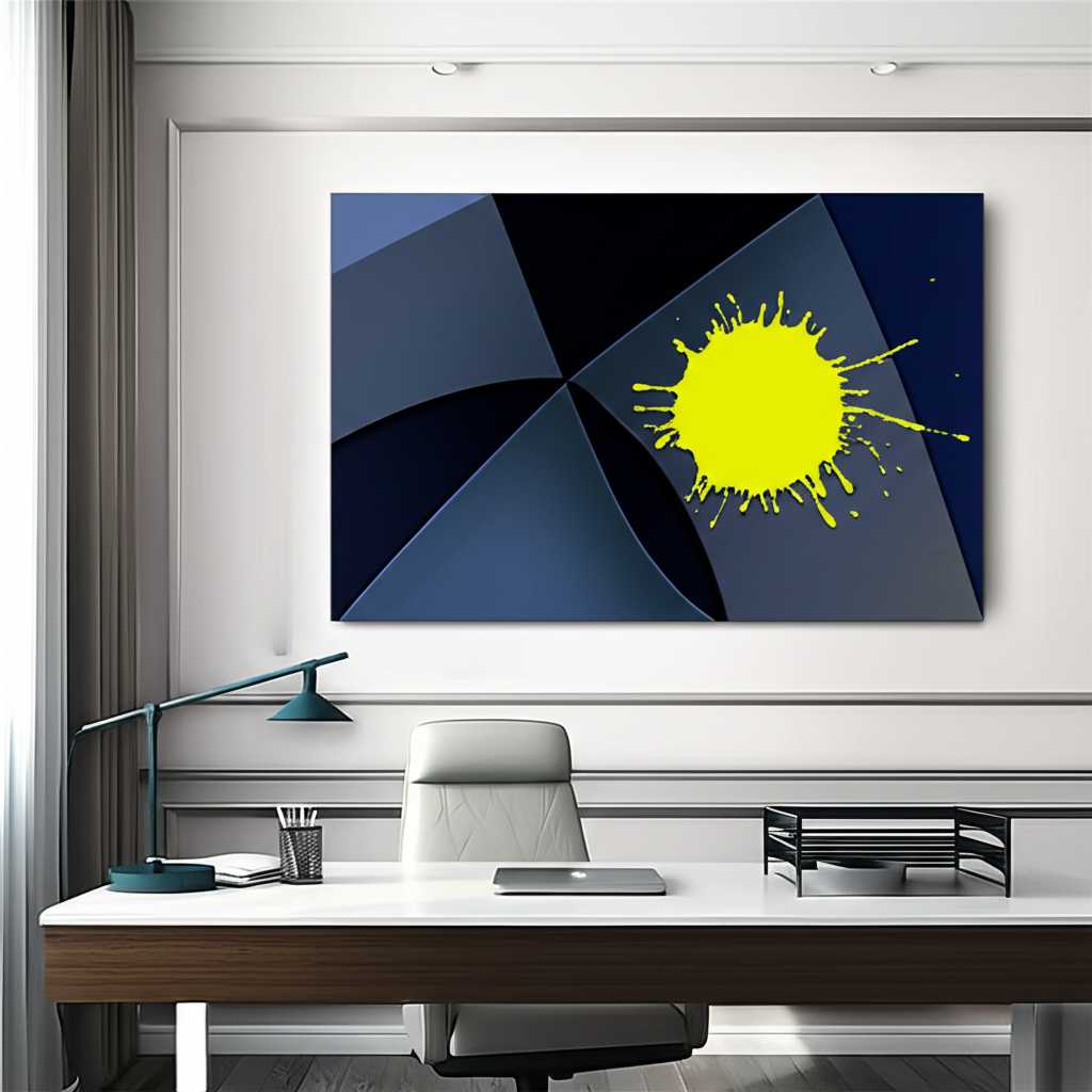 A modern, well-lit home office with a dynamic metal art piece with geometric shapes in blues and a splash of yellow.