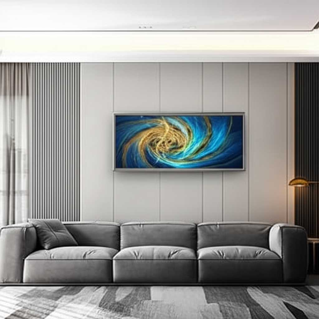 A stunning modern living room with high ceilings and minimalist furniture, where a large, vibrant abstract metal art print hangs above a sleek sofa, catching the light and acting as the room's undeniable focal point.