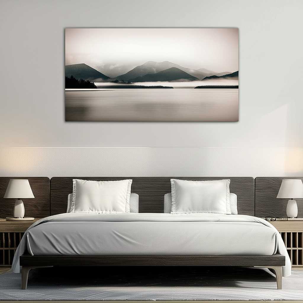 A serene bedroom featuring a calming landscape photo printed on a wide metal panel above the headboard.