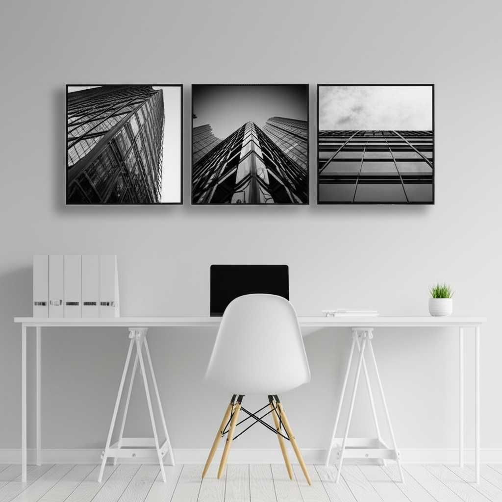 A sophisticated home office with a clean, linear gallery wall of black-and-white architectural metal prints above a modern desk.
