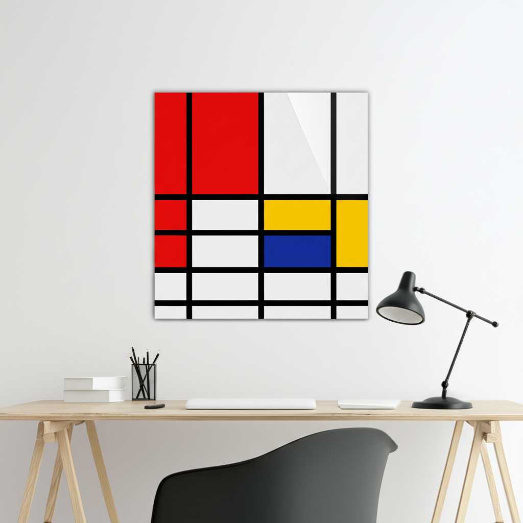 A minimalist home office with a large, sharp-lined geometric abstract metal print on the wall.