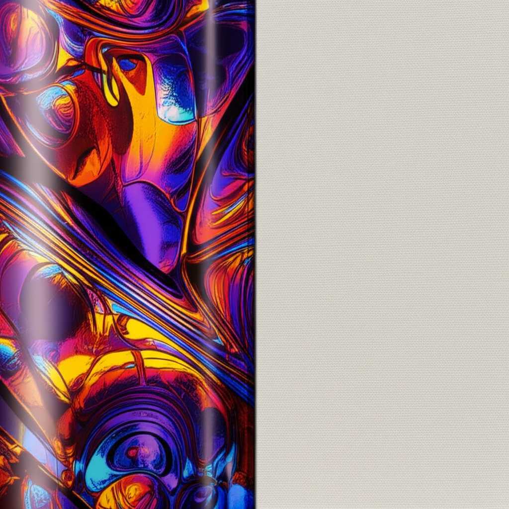 A side-by-side conceptual image: one half shows a generic, vibrant abstract image on a glossy metal surface, the other half shows the same image on a textured canvas surface. Illustrates the difference in sheen and clarity.