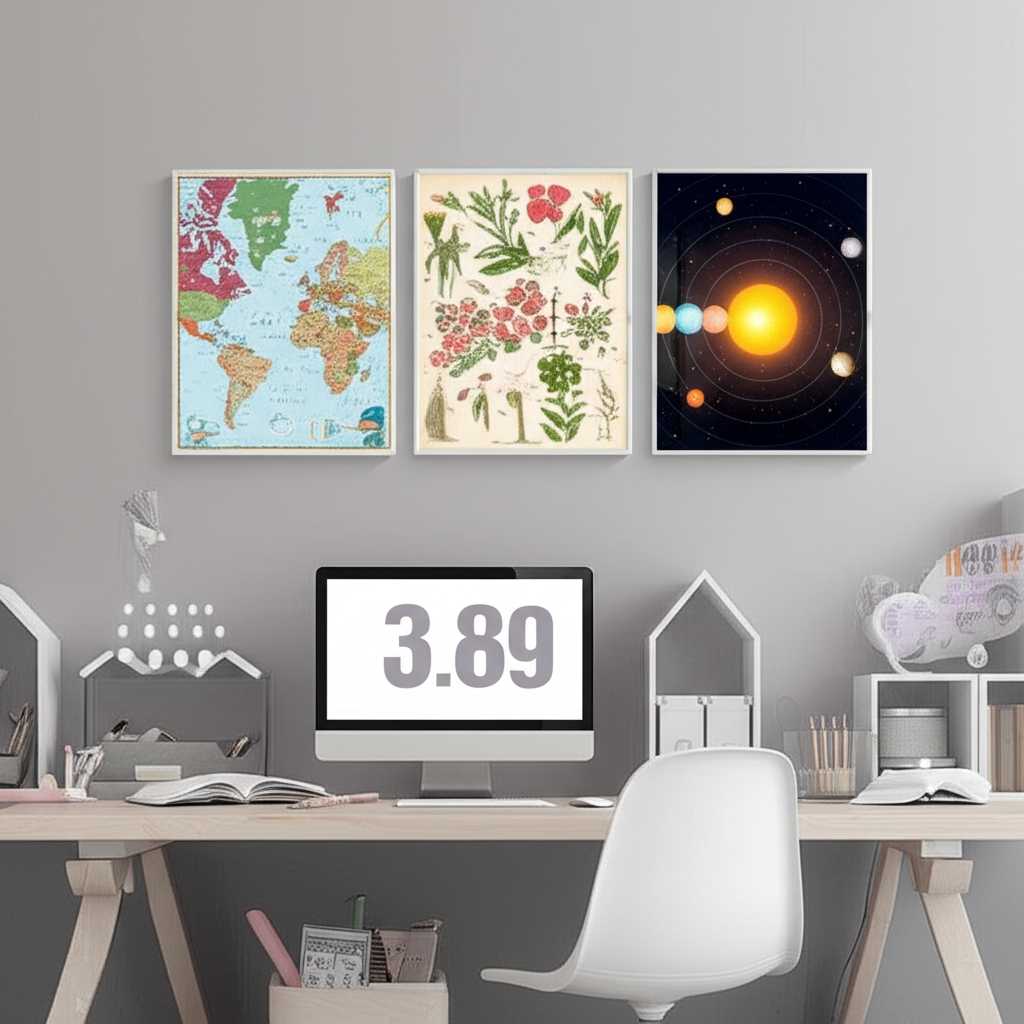 A triptych of metal prints in a child's study area, safely mounted on the wall. One shows a colorful world map, another detailed botanical illustrations, and a third a vibrant depiction of the solar system.