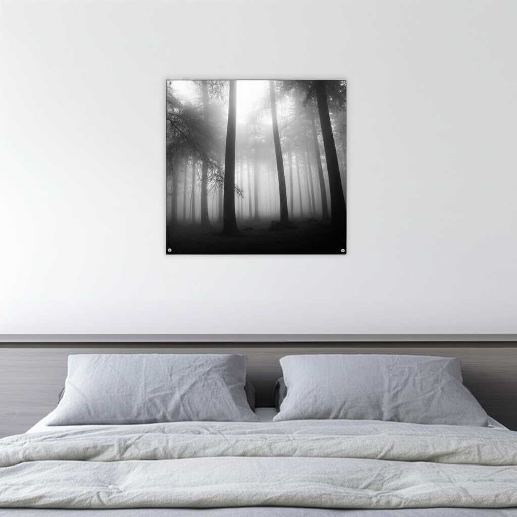 A serene and minimalist bedroom with a calming black-and-white photograph of a forest printed on a metal panel above the headboard.