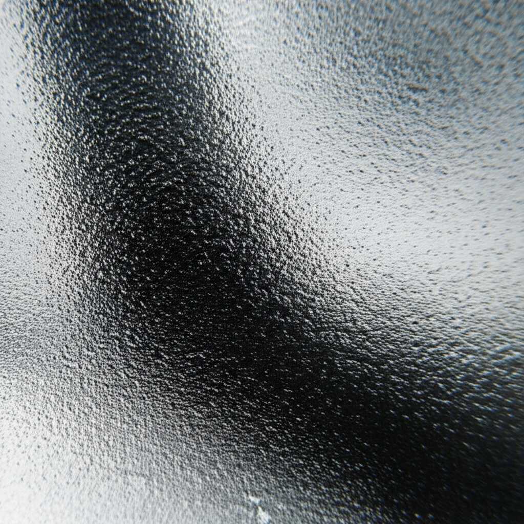 A conceptual, artistic close-up image showing light interacting with a textured, UV-printed metal surface. One part of the surface is highly glossy like acrylic, reflecting intricate light patterns, while another part shows subtle, artistic textures.