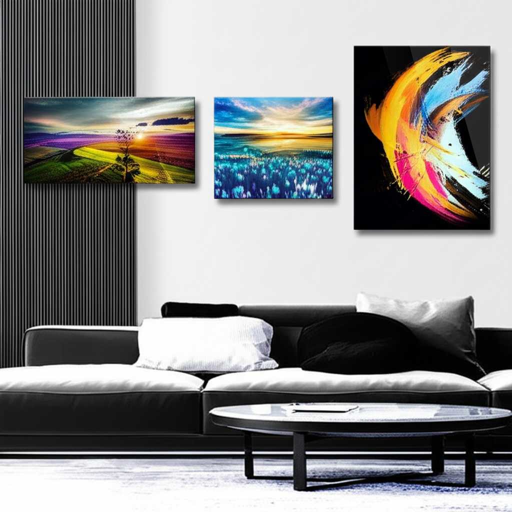 A sophisticated gallery wall mock-up in a modern living room, showcasing a variety of generic art styles—a vibrant landscape photo, a bold abstract piece, and a detailed digital graphic—all presented as sleek metal prints.